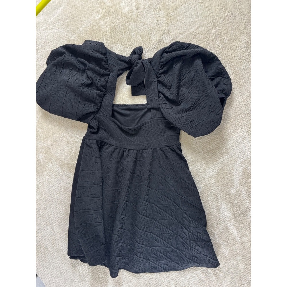 Free People Violet Mini Dress Black Puff Sleeve Square Neck Tie Back XS girly - Picture 5 of 11